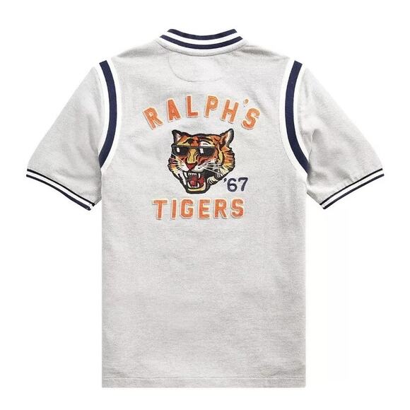 POLO Ralph Lauren Ralphs Tiger Embroidered Shirt Gray Stripe Tipped Boys Small 8 - Picture 8 of 9